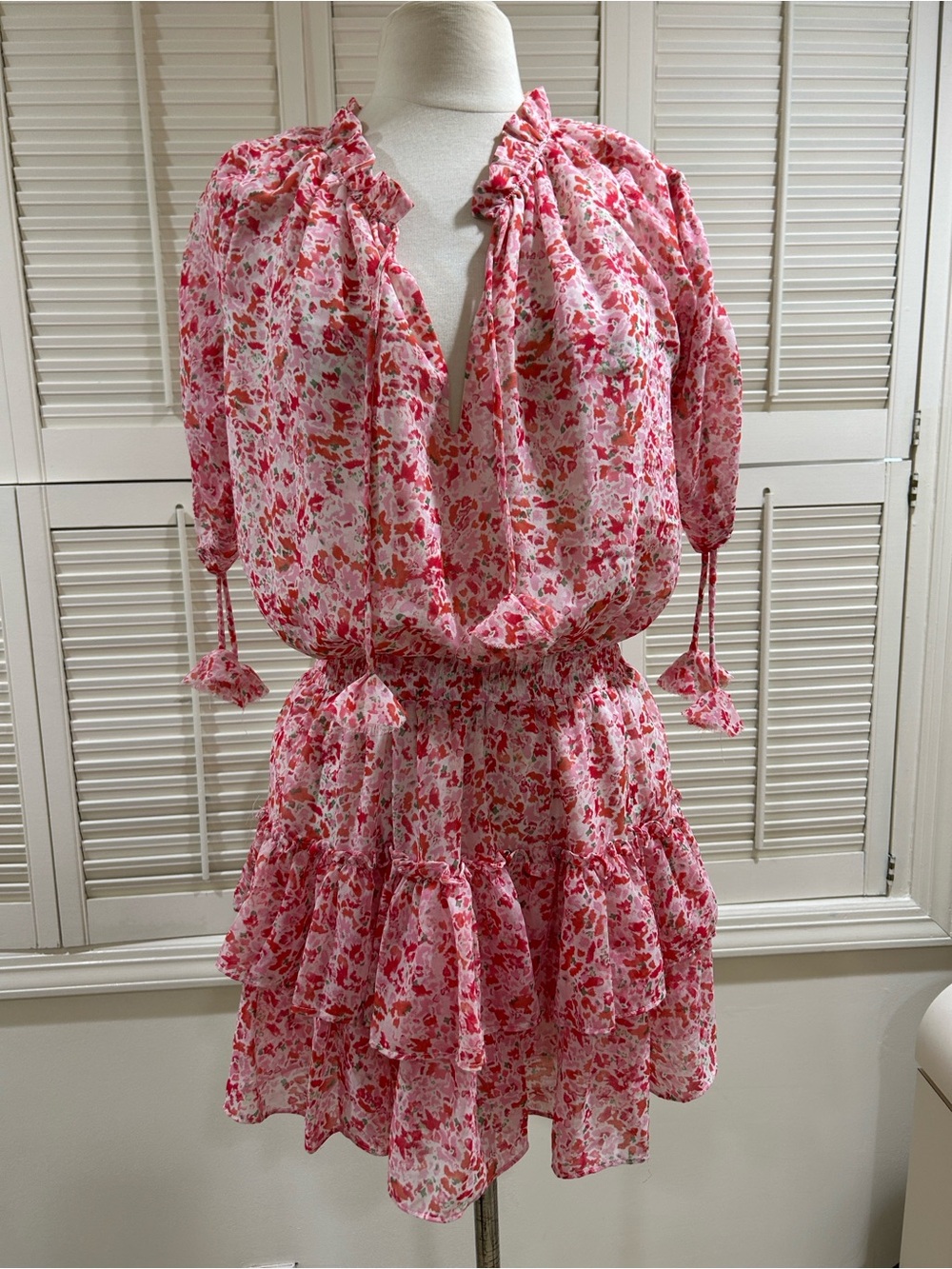 We’re All Pretty Girls Pink Floral Ruffle Tiered Mini Dress